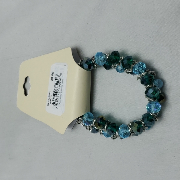 Mystique silver with blue green glass beaded stretch bracelet - Picture 3 of 5